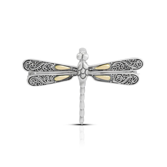 Dragonfly pendant and brooch 925 sterling silver with 18K yellow gold decorated with swirl filigree ornament