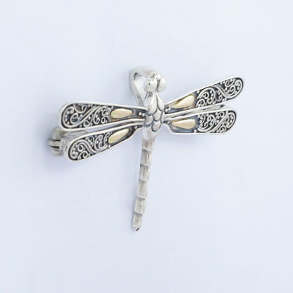 Dragonfly pendant and brooch 925 sterling silver with 18K yellow gold decorated with swirl filigree ornament