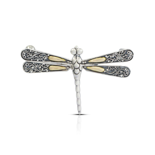 Dragonfly brooch 925 sterling silver and 18K yellow gold decorated with detailed filigree