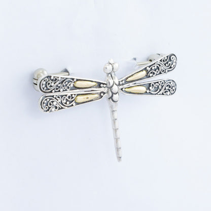 Dragonfly brooch 925 sterling silver and 18K yellow gold decorated with detailed filigree