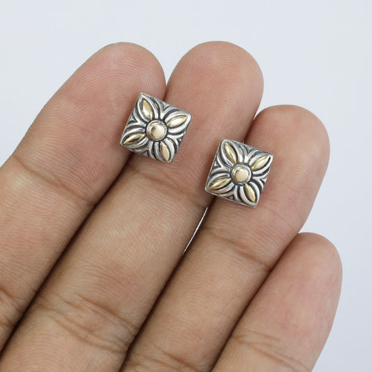 flower stud earrings 925 sterling silver and 18K yellow gold with antique finishing