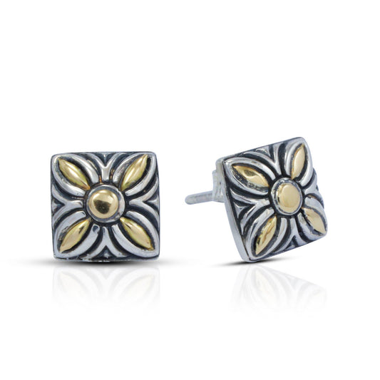 flower stud earrings 925 sterling silver and 18K yellow gold with antique finishing