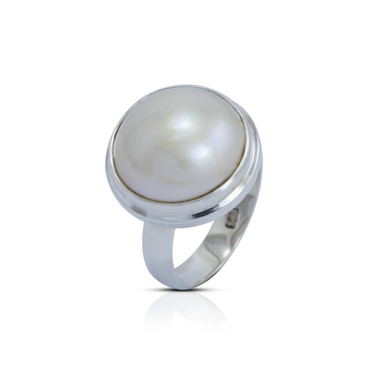 white mabe pearl ring 925 sterling silver double bezel set with high polish finishing