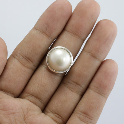 white mabe pearl ring 925 sterling silver double bezel set with high polish finishing