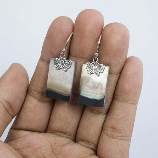 butterfly earrings 925 sterling silver with black and brown shell