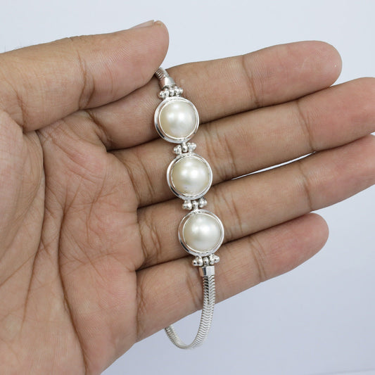 mabe pearl bracelet 925 sterling silver  7.5-8" inch with snake chain and toggle lock